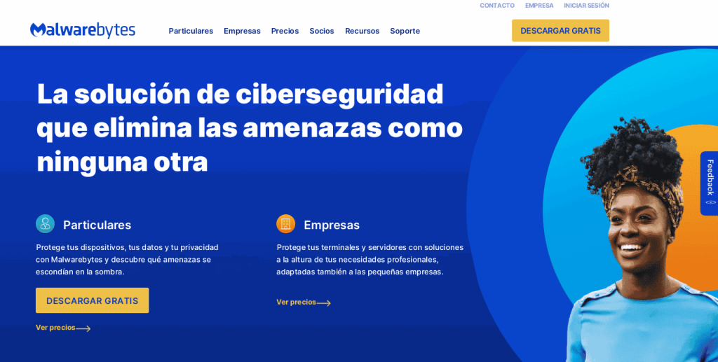 Captura de pantalla de la página de inicio del sitio de Malwarebytes con el botón Descargar gratis