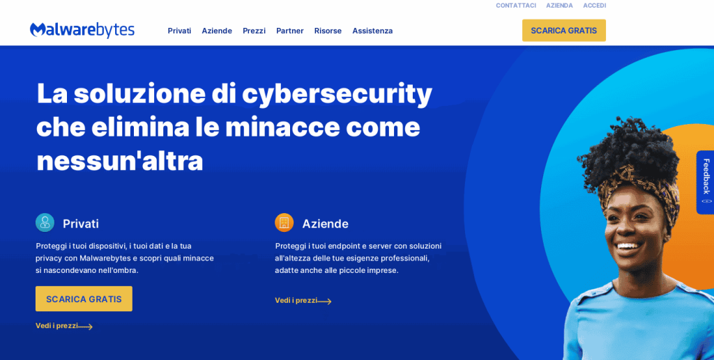 Screenshot della home del sito Malwarebytes con il pulsante Scarica gratis