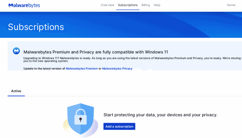 Snímek obrazovky stránky „Předplatná“ Malwarebytes s tlačítkem „Přidat předplatné“