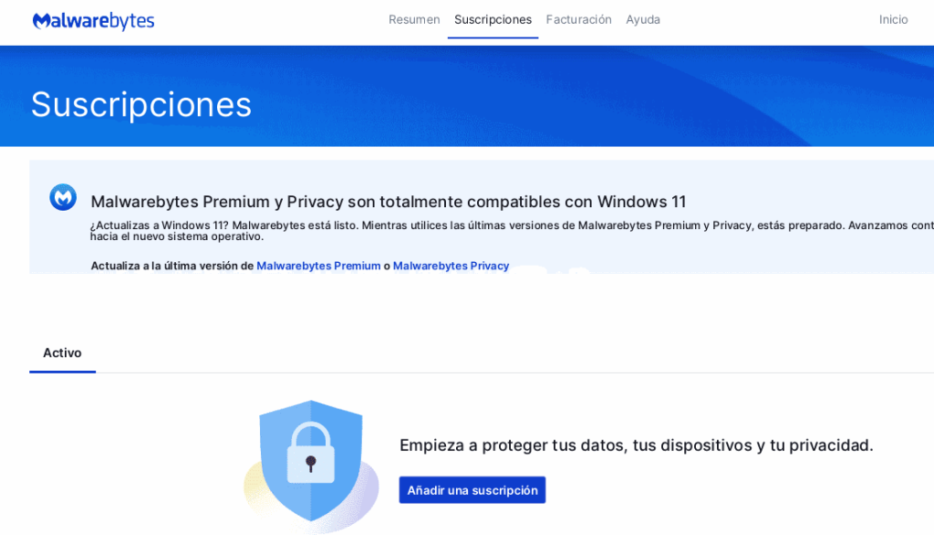Captura de pantalla de la página Suscripciones de Malwarebytes con el botón Añadir una suscripción