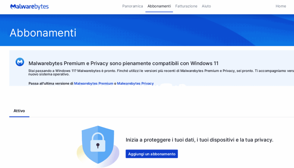 Screenshot della pagina Abbonamenti di Malwarebytes con il pulsante Aggiungi un abbonamento