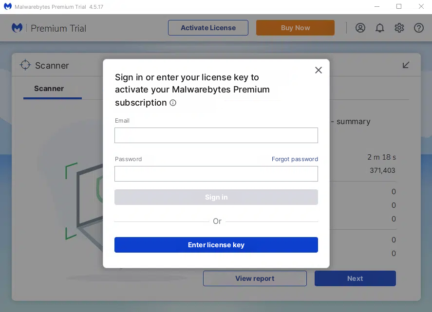 Snímek obrazovky Malwarebytes, okno aktivace licence