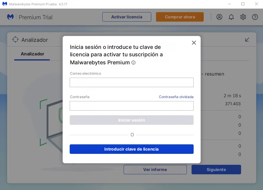Captura de pantalla de Malwarebytes, ventana de activación de la licencia