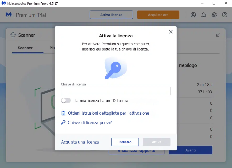 Screenshot di Malwarebytes su computer, finestra per inserire la chiave di licenza e attivare Premium