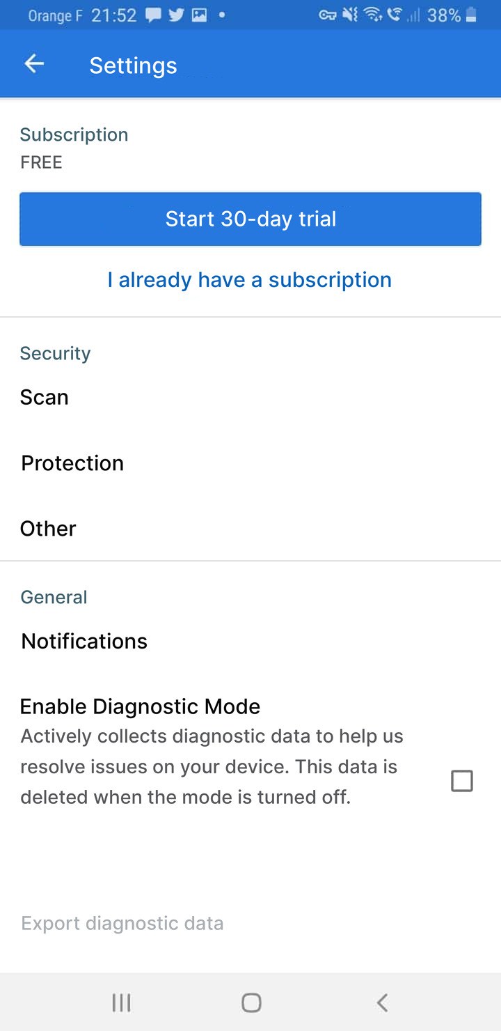 Snímek obrazovky nastavení Malwarebytes v Androidu s možností „Už mám předplatné“