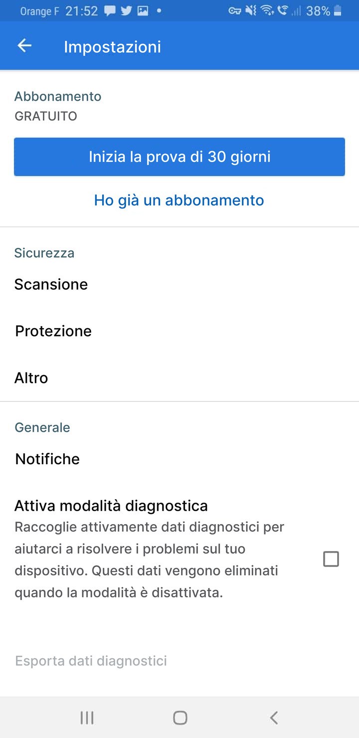 Screenshot delle impostazioni di Malwarebytes su Android con l'opzione Ho già un abbonamento