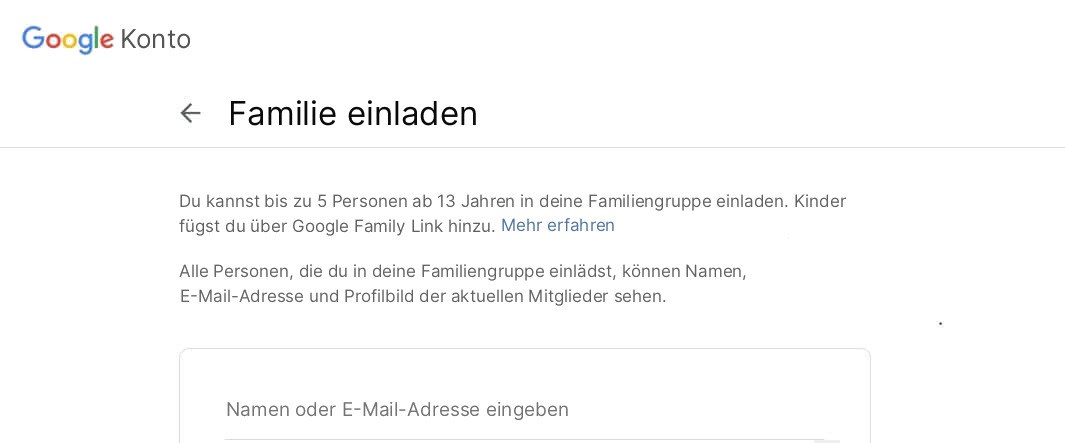 Screenshot des Google-Kontos, Seite „Familie einladen“ mit Anleitung