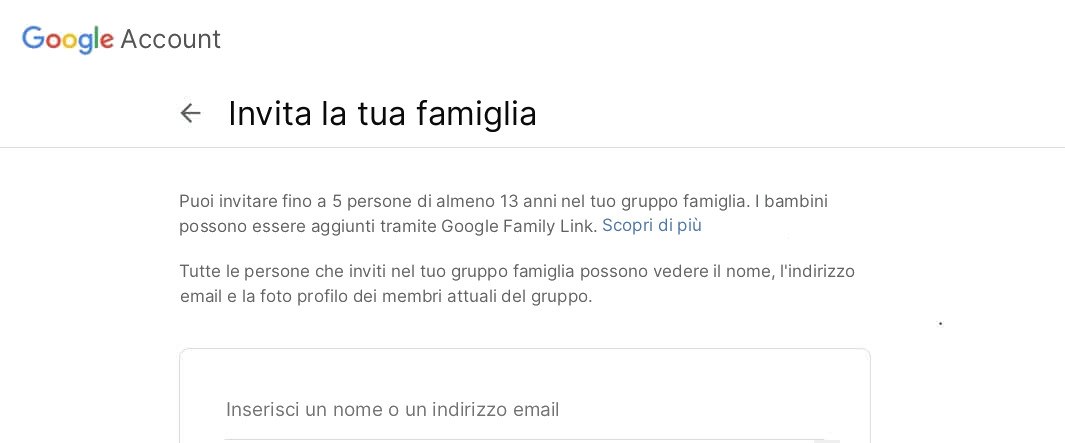 Screenshot dell'account Google, pagina Invita la tua famiglia con le istruzioni
