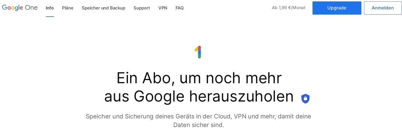 Startseite von Google One, Reiter „Info“, mit Cloud-Speicher und VPN für 1,99 Dollar pro Monat