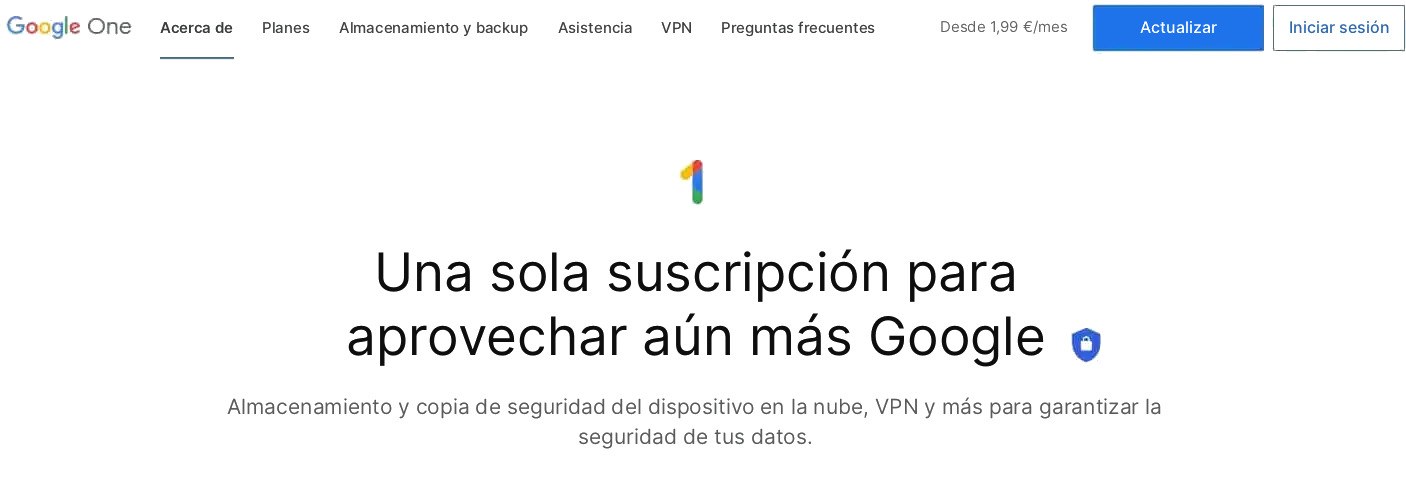 Página de inicio de Google One, pestaña Información, con almacenamiento en la nube y VPN por 1,99 dólares al mes
