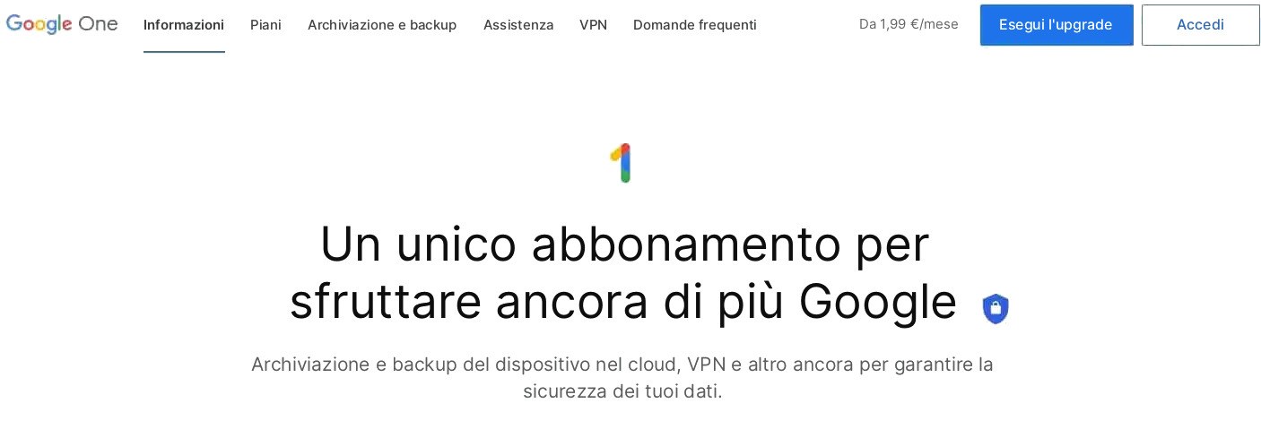Home di Google One, scheda Informazioni, con archiviazione cloud e VPN a 1,99 dollari al mese