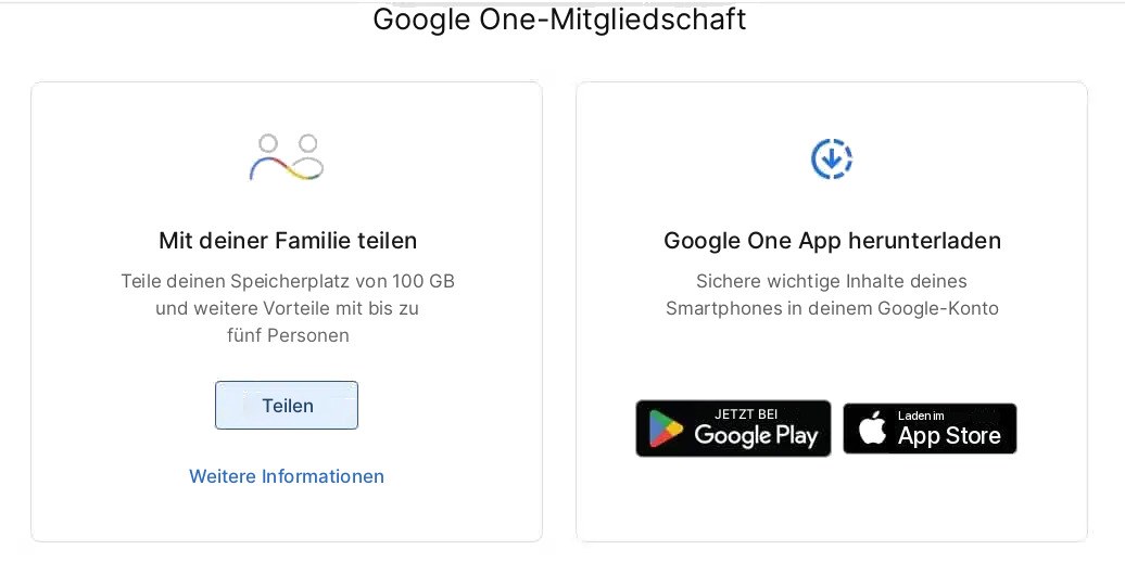 Google-One-Abonnement mit den Optionen „Mit Familie teilen“ und „App herunterladen“