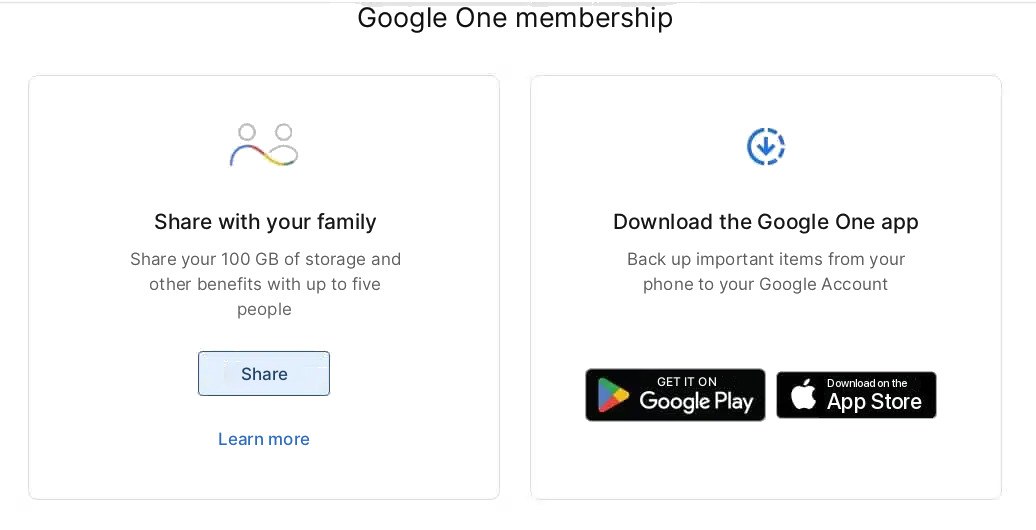 Google One-abonnement med mulighederne Del med familie og Download appen
