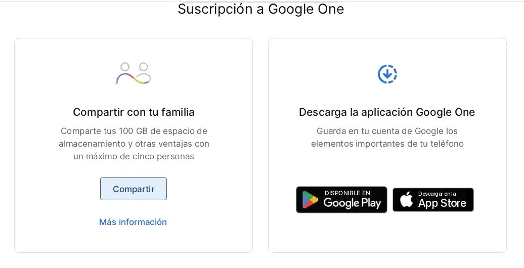 Suscripción de Google One con las opciones Compartir con la familia y Descargar la app