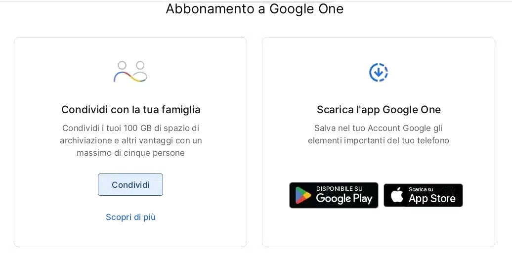 Abbonamento Google One con le opzioni Condividi con la famiglia e Scarica l'app