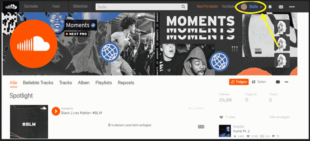 Screenshot von SoundCloud auf Französisch beim Profil Moments, mit gelb umkreistem Kontomenü