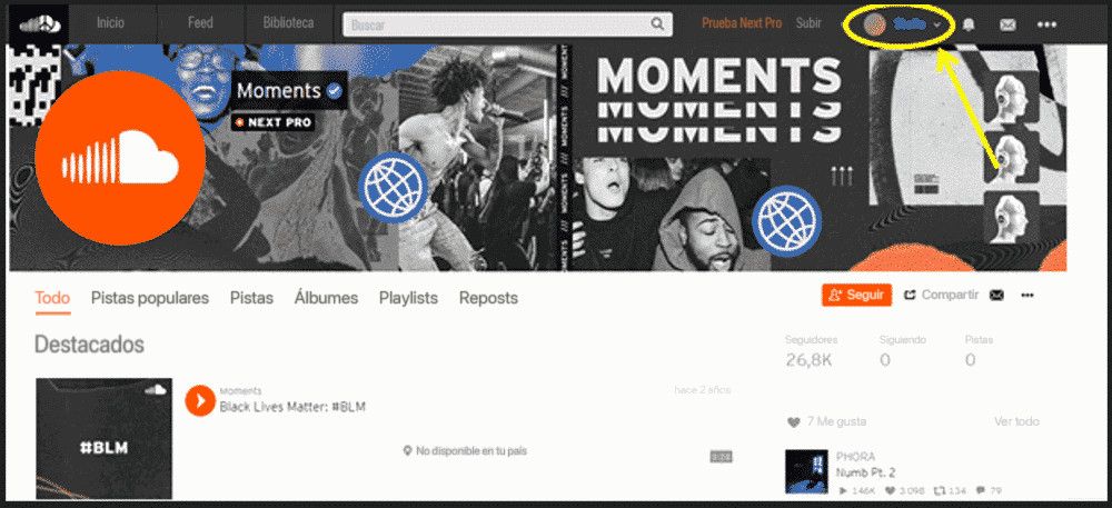 Captura de pantalla de SoundCloud en francés en el perfil Moments, con el menú de la cuenta rodeado en amarillo