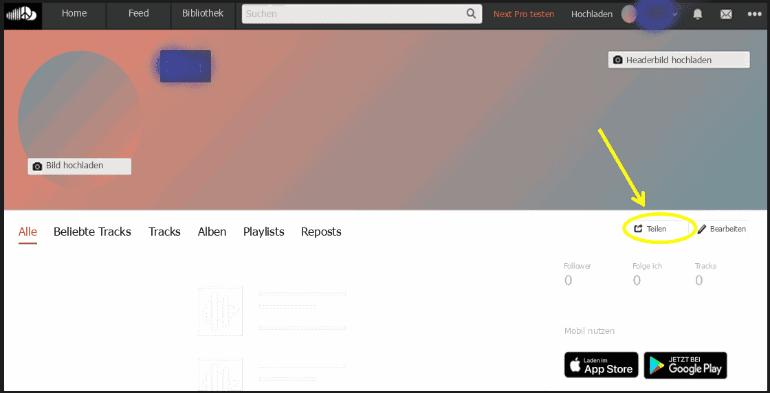 Screenshot eines SoundCloud-Profils mit gelb umkreister Schaltfläche „Teilen“