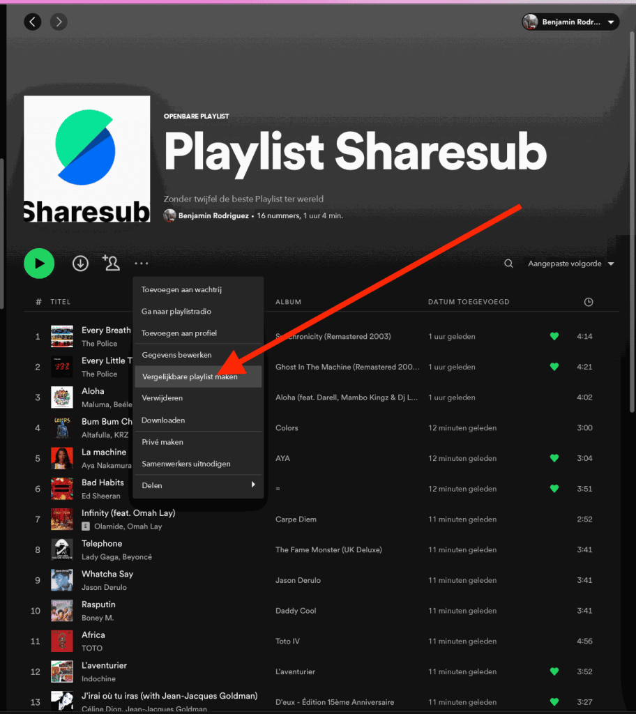 Screenshot van Spotify, menu van een afspeellijst met een pijl naar de optie “Vergelijkbare afspeellijst maken”