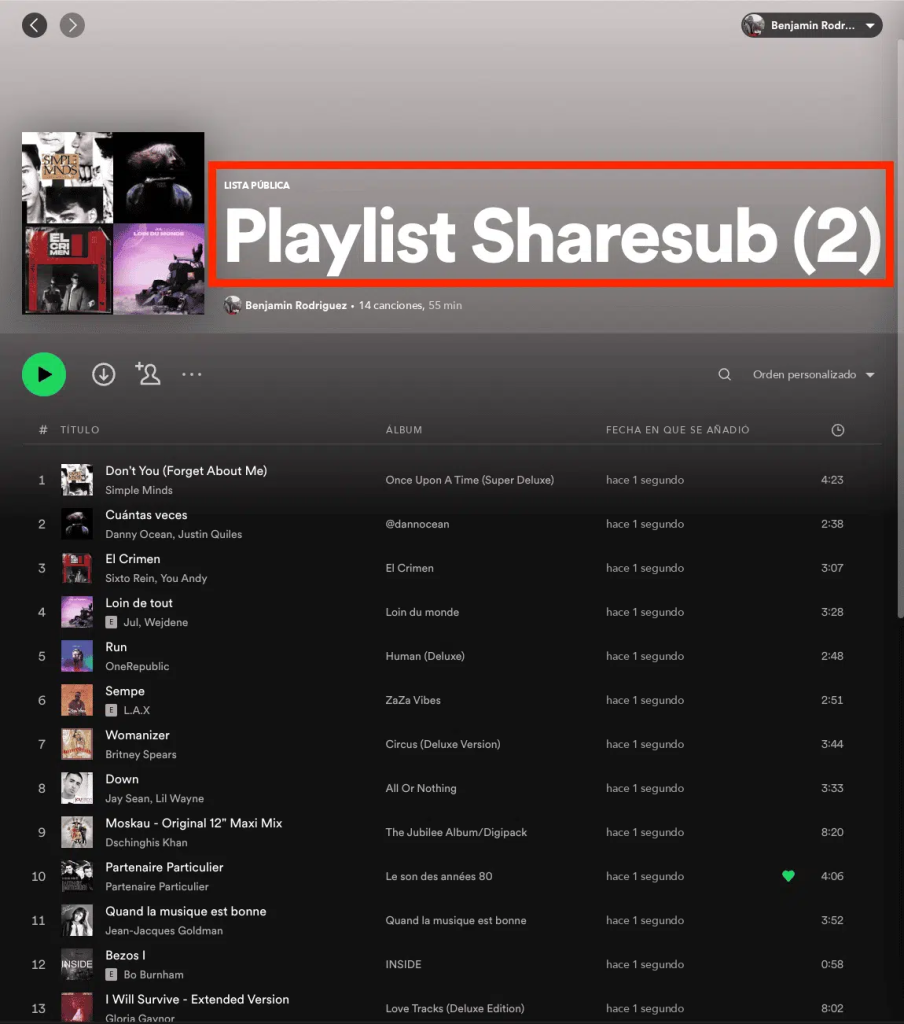 Captura de pantalla de Spotify, cabecera de la playlist «Playlist Sharesub (2)» con 4 álbumes