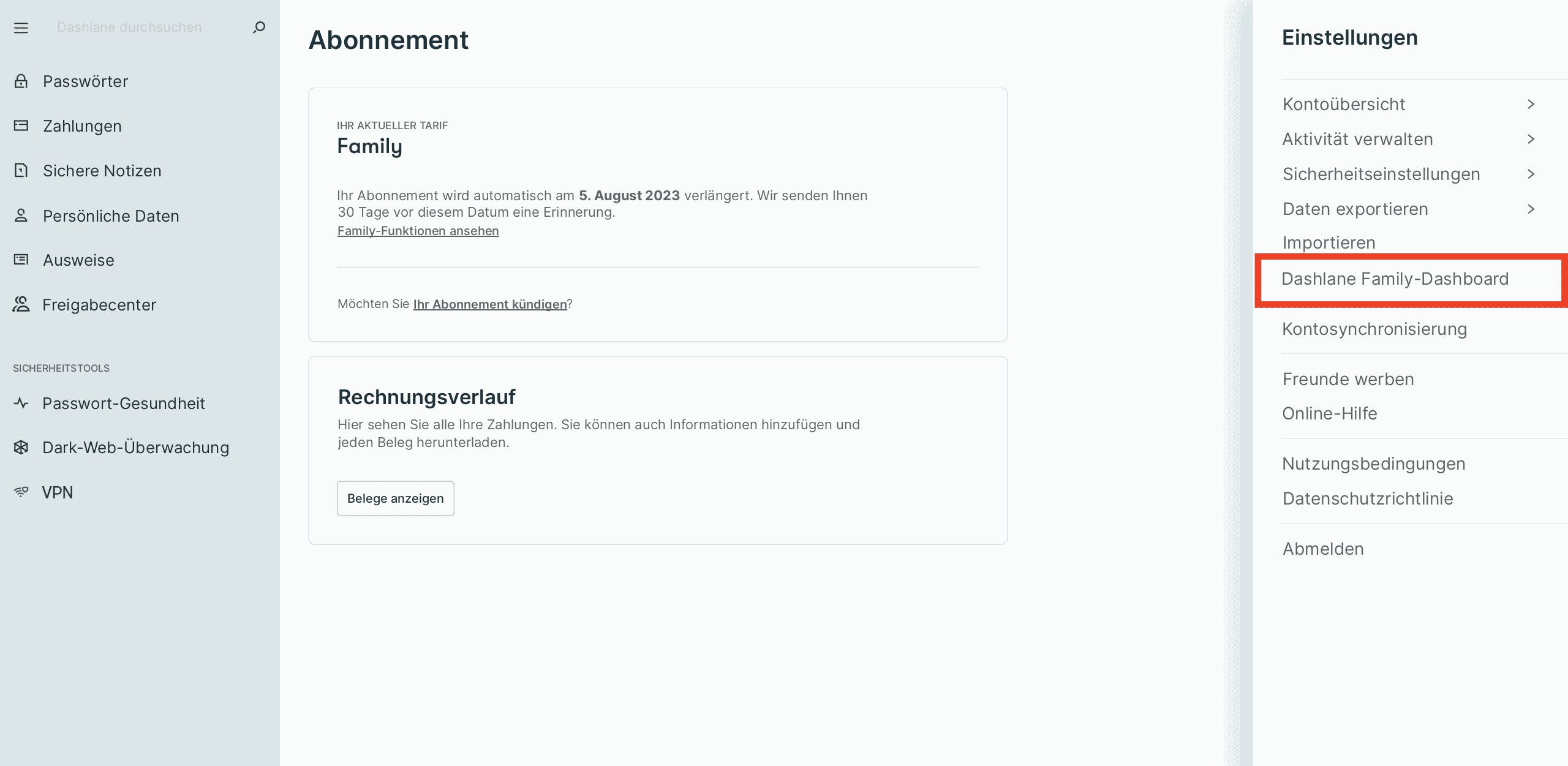 Screenshot von Dashlane, Seite „Abonnement“ und Menü „Einstellungen“ mit umrandetem Dashlane-Family-Dashboard