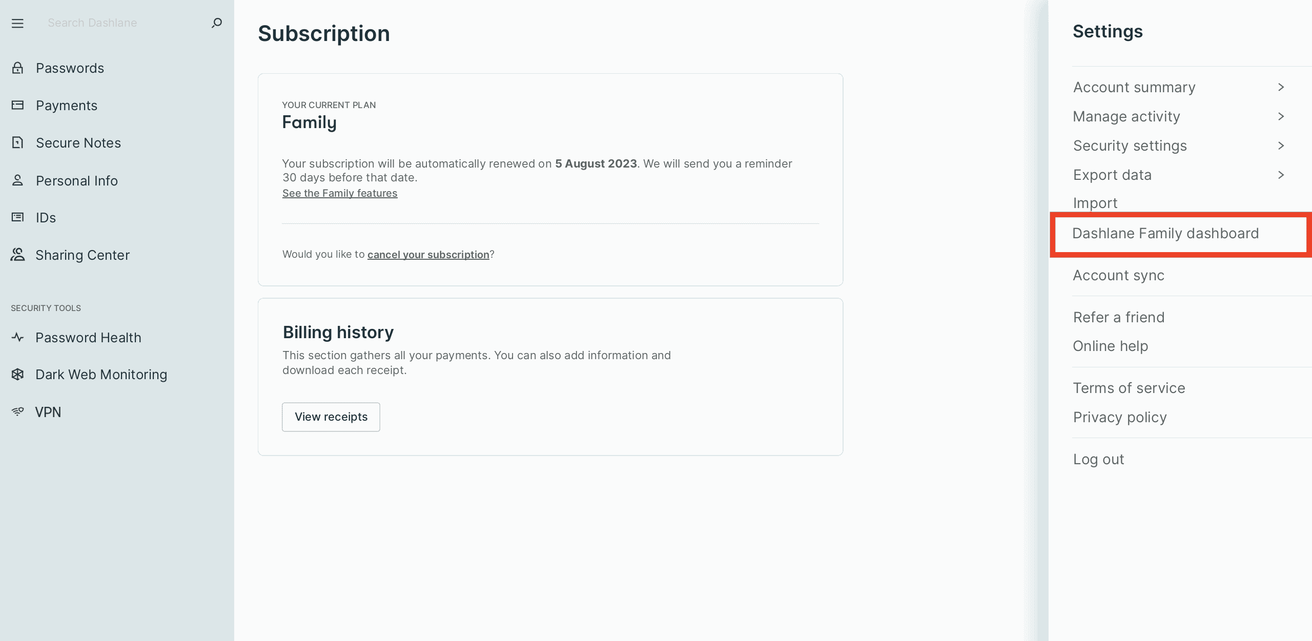Screenshot of Dashlane, Subscription page and Settings menu with the Dashlane Family dashboard outlined