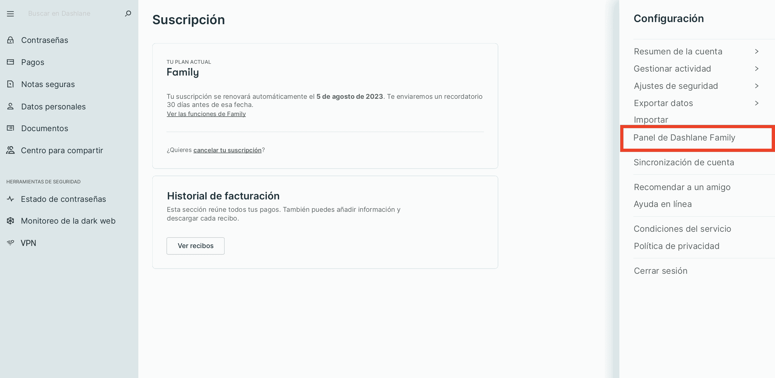 Captura de pantalla de Dashlane, página Suscripción y menú Configuración con el Panel de Dashlane Family enmarcado