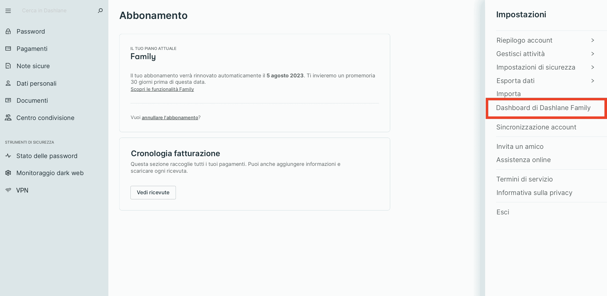 Screenshot di Dashlane, pagina Abbonamento e menu Impostazioni con la Dashboard di Dashlane Family riquadrata