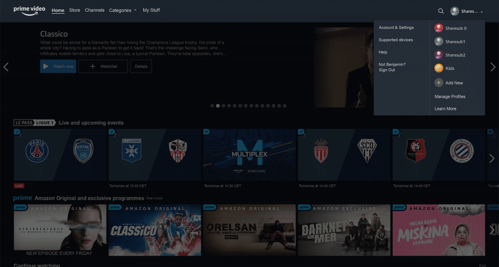 Στιγμιότυπο οθόνης του Prime Video με ανοιχτό το μενού προφίλ και αγώνες της Ligue 1 σε ζωντανή μετάδοση