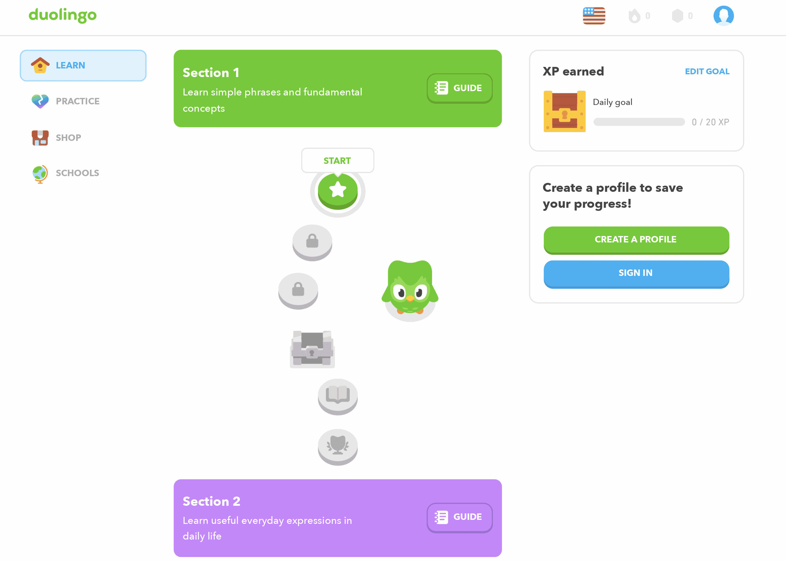 Duolingo home page with the learning path, Section 1 and the ‘Create a profile’ button