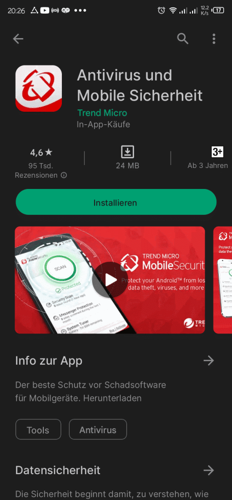 Screenshot von Google Play mit der App Trend Micro Antivirus & Mobile Security