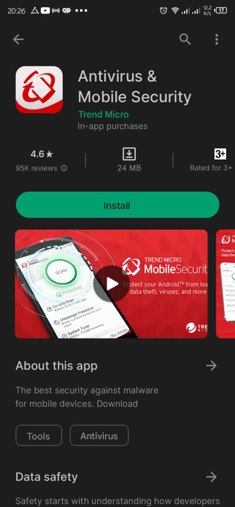 Screenshot van Google Play met de app Trend Micro Antivirus & Mobile Security
