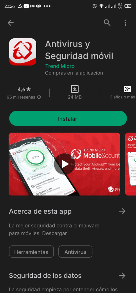 Captura de pantalla de Google Play con la app Trend Micro Antivirus y Seguridad Móvil