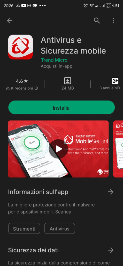 Screenshot di Google Play con l'app Trend Micro Antivirus e Sicurezza Mobile