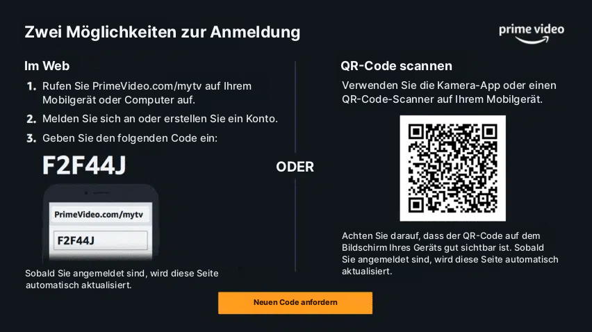 Prime-Video-Anleitung zur Aktivierung auf dem Fernseher mit QR-Code und URL