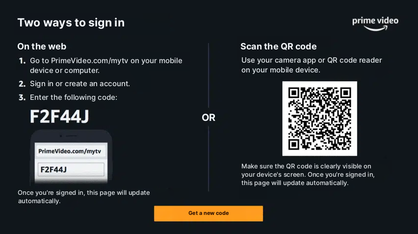 Instruksjoner for Prime Video for aktivering på tv med QR-kode og URL