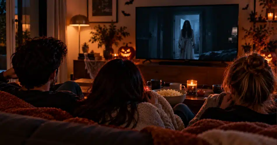 Groupe d’amis qui regarde un film d’horreur pour Halloween