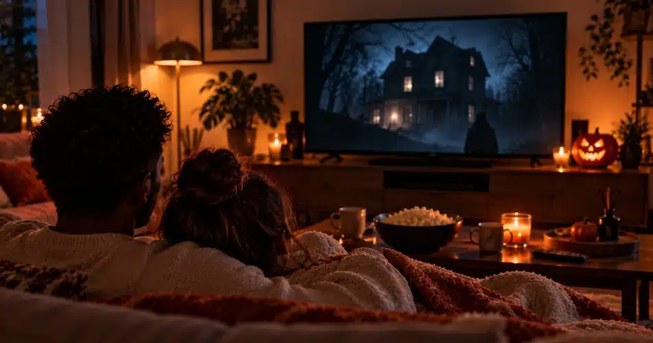 couple qui regarde un film d'horreur dans leur salon