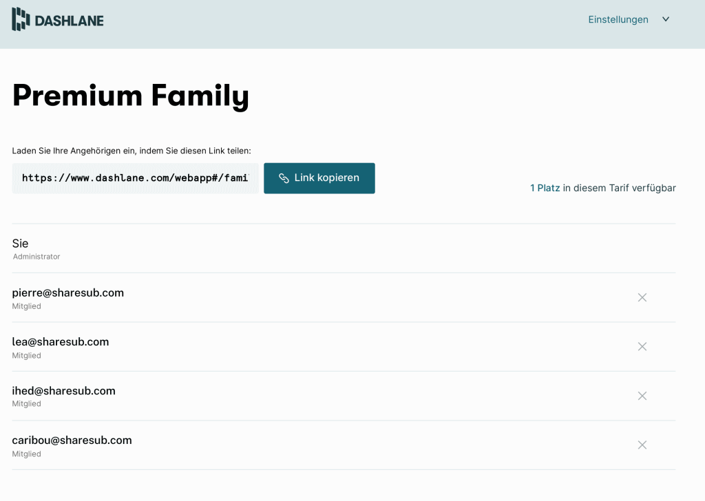 Screenshot von Dashlane Family, Bereich „Premium Family“ mit einem Einladungslink