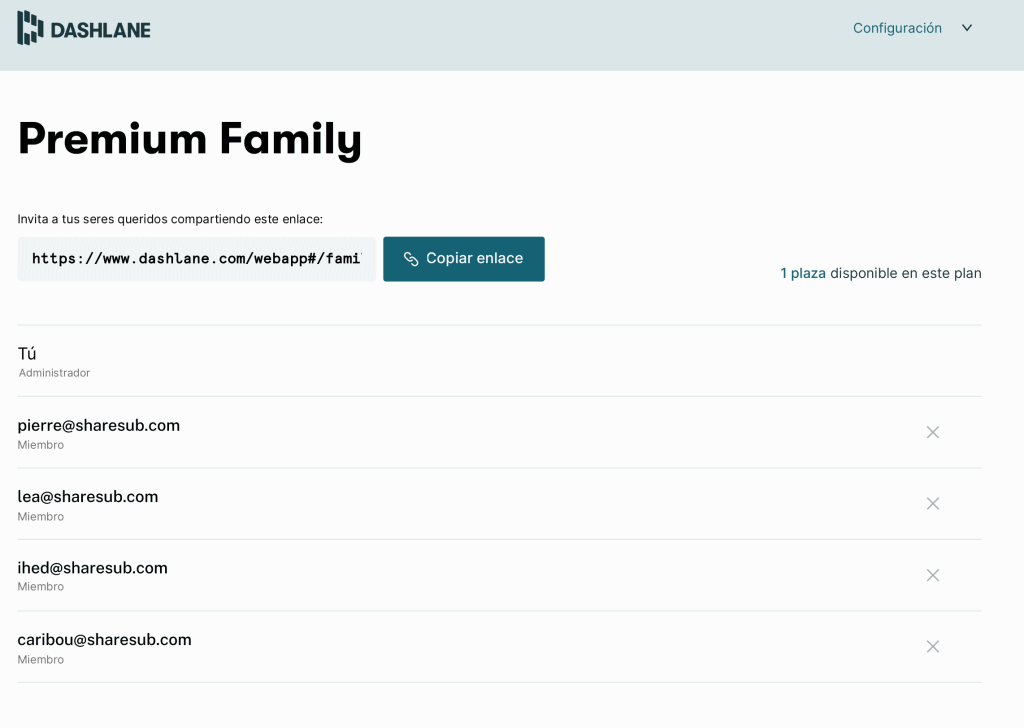 Captura de pantalla de Dashlane Family, sección Premium Family con un enlace de invitación