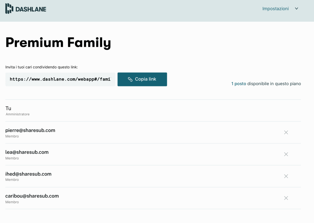 Screenshot di Dashlane Family, sezione Premium Family con un link di invito