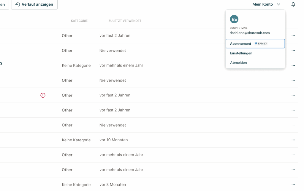 Screenshot von Dashlane, geöffnetes Menü „Mein Konto“ mit hervorgehobener Option „Family-Abonnement“