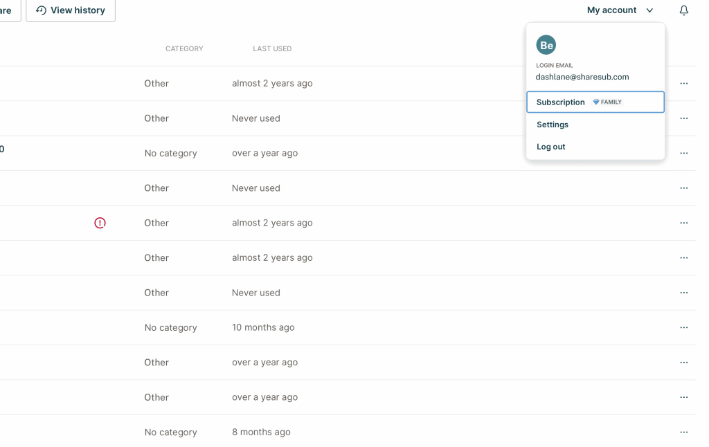 Screenshot of Dashlane, ‘My account’ menu open with the ‘Family subscription’ option highlighted