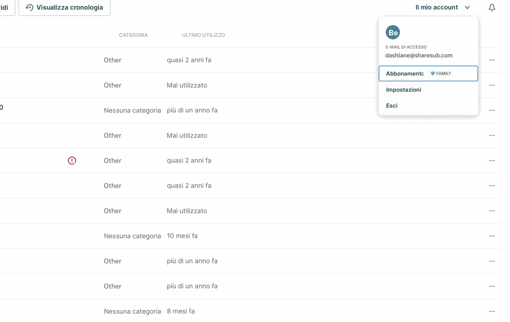 Screenshot di Dashlane, menu Il mio account aperto con l'opzione Abbonamento Family evidenziata