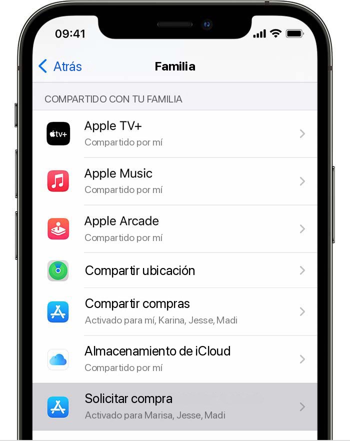 El iPhone muestra la opción de menú Solicitar autorización de compra