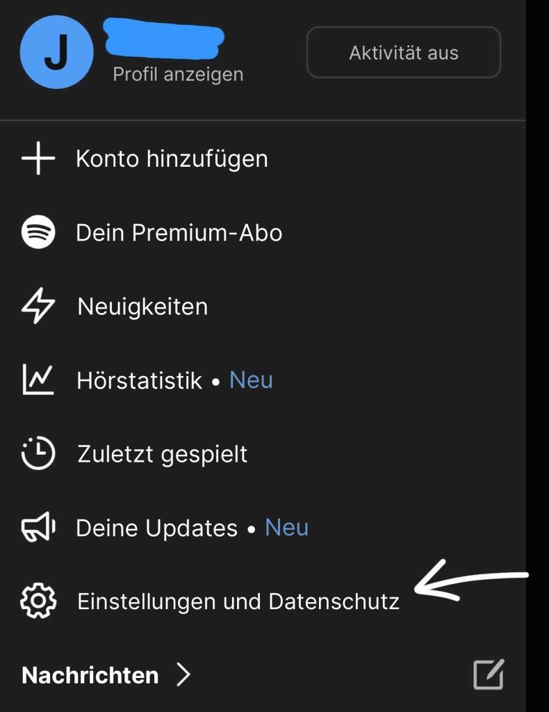 Screenshot des Spotify-Menüs auf dem iPhone: Nutzerprofil, Premium-Abonnement, Neuigkeiten und Hörstatus