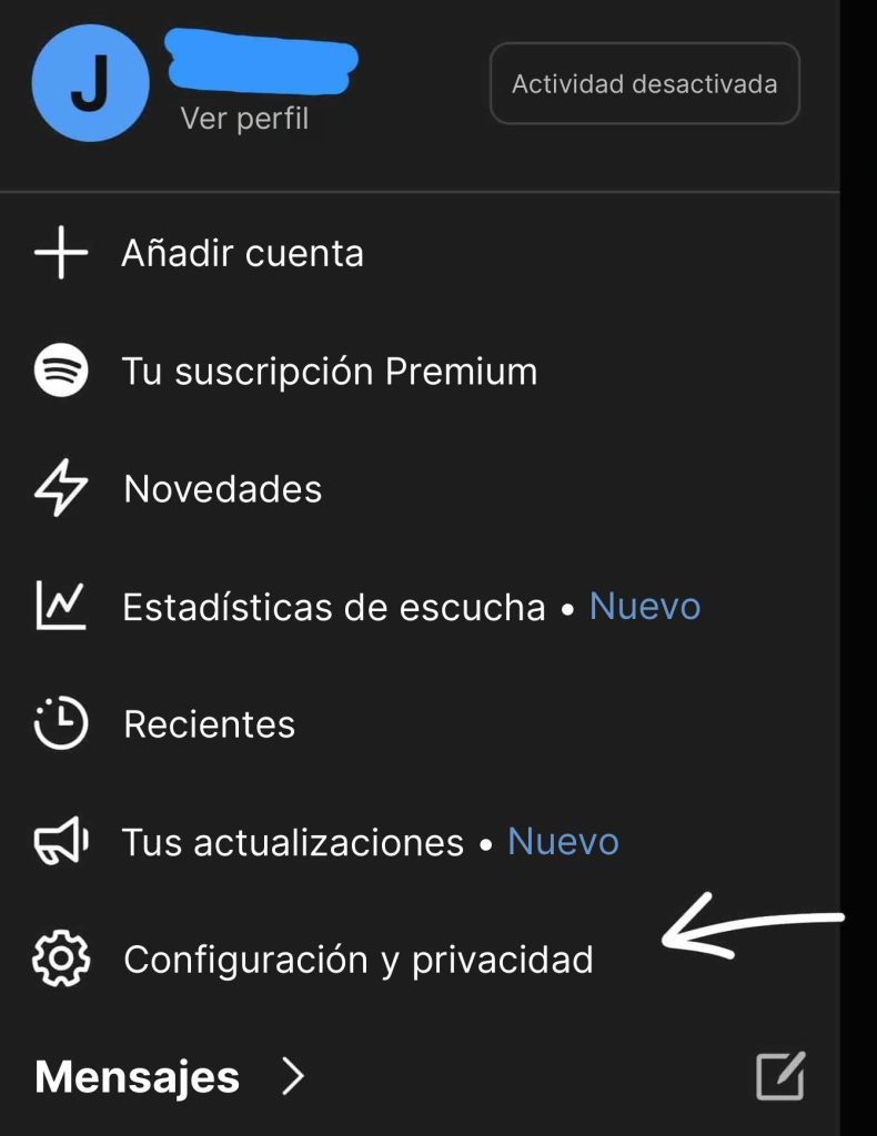 Captura de pantalla del menú de Spotify en iPhone: perfil de usuario, suscripción Premium, novedades y estados de escucha