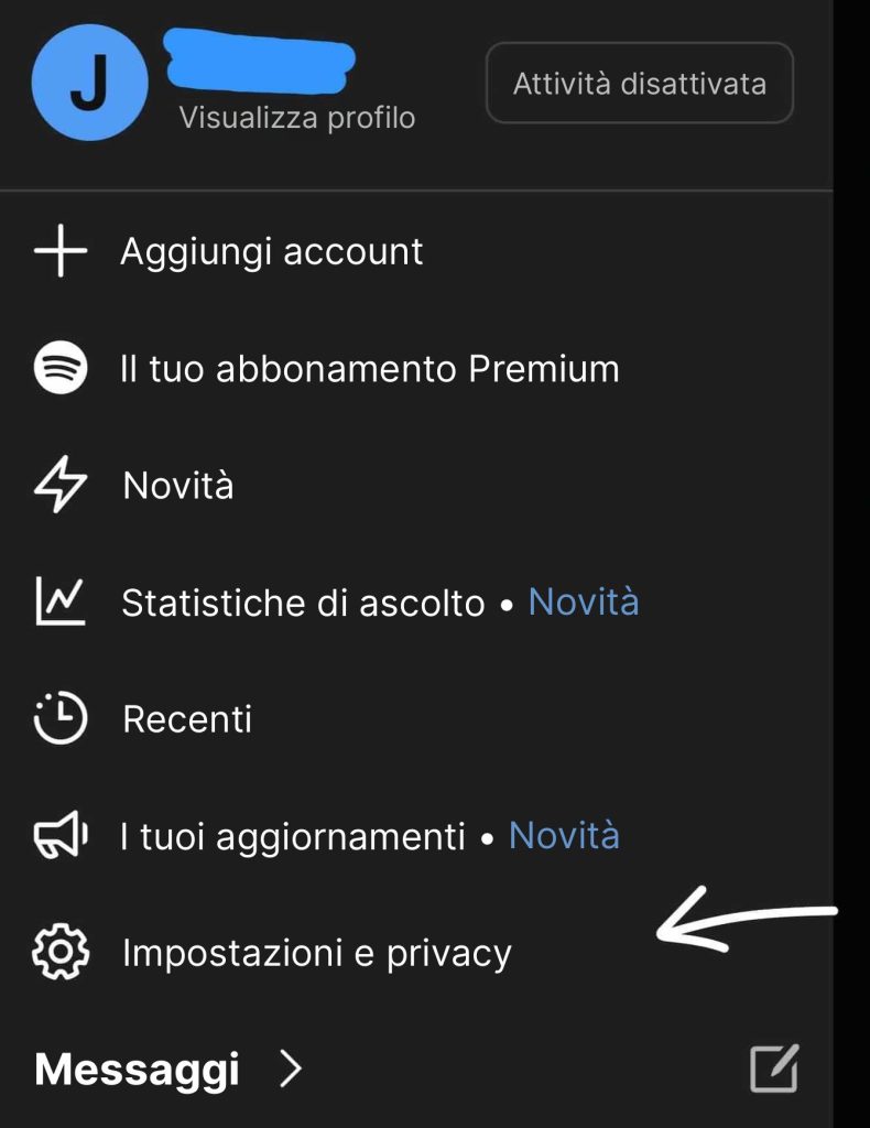 Screenshot del menu di Spotify su iPhone: profilo utente, abbonamento Premium, novità e stati di ascolto