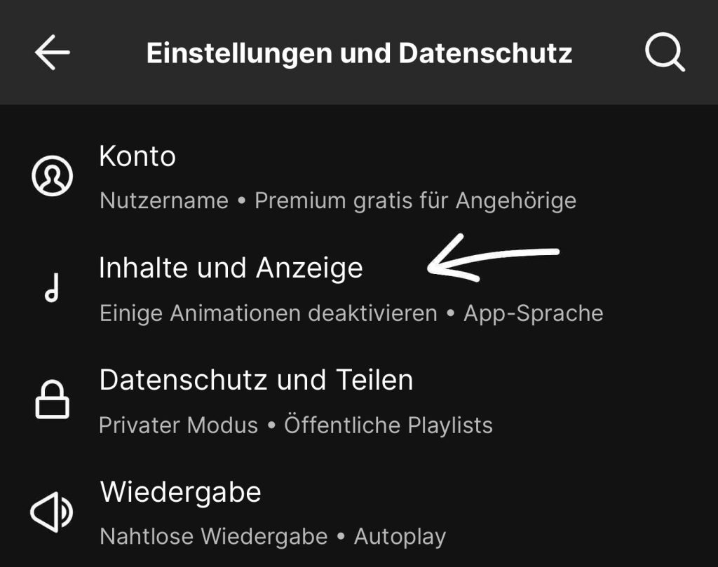 Screenshot der Spotify-Einstellungen: Bereiche Inhalte und Anzeige, mit einem Pfeil auf Canvas