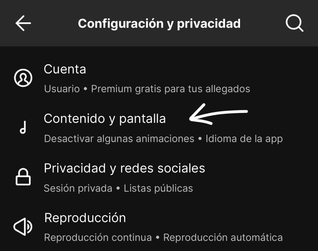 Captura de pantalla de las preferencias de Spotify: apartado Contenido y visualización, con una flecha que señala Canvas